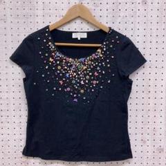 ヴィアファブリカ】半袖Tシャツ 花柄 装飾 ビジュー 黒 ゆったり