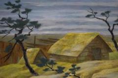 真作/金城/海辺舟小屋図/桐共箱二重箱付/布袋屋掛軸HF-877 真作/金城/海辺舟小屋図/桐共箱二重箱付/布袋屋掛軸HF-877