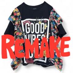 M リゾート柄　南国　カラフル　派手　フリル　半袖Tシャツ　古着リメイク