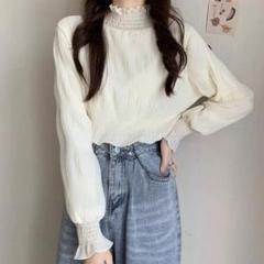 ホワイト Tシャツ ハイカラー レディース シフォン トップス フリル 長袖