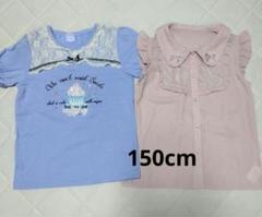 アクシーズファム　150　半袖シャツ　ブラウス　水色　レース　フリル　シフォン袖