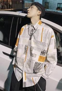 匿名配送 ビッグシルエット ニュースペーパー 柄 シャツ スト リート 韓国