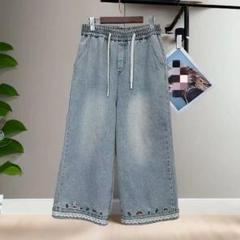 超人気商品 レトロ 刺繍 ワイドパンツ ハイウエスト 着痩せ デニム ジーパン
