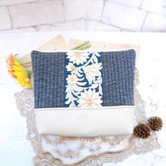 ※訳あり商品 インド刺繍リボン×ヌビ 切り替えポーチ グレー×グリーン