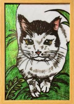 猫ステンドグラスガラス絵の具ハンドメイド開運絵画金運アート犬猫龍沖縄風景画壁掛け