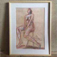 木内克　パステル画　裸婦像　女性　サイン入り　額付き　21.06.13-2 木内克 パステル画 裸婦像 女性 サイン入り 額付き 21.06.13-2