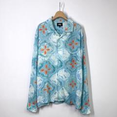 STUSSY ステューシー 長袖 レーヨン シャツ 総柄 ブルー アロハシャツ STUSSY ステューシー 長袖 レーヨン シャツ 総柄 ブルー アロハ