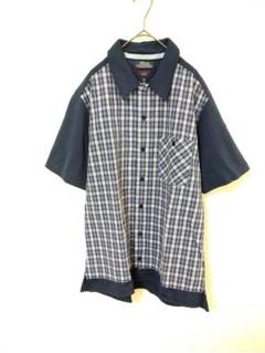 美品　トミージーンズ　半袖シャツ　メンズL　切替素材　ネイビー　チェック柄