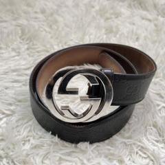 良品 GUCCI インターロッキングG GG ベルト シルバーバックル 黒