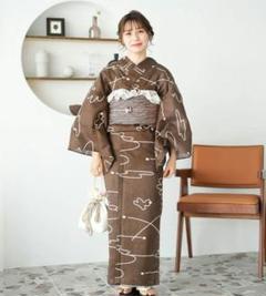 ◆最高品質和歌山染め日本生地◆薄かすれボタニカルのブラウンモダン北欧柄浴衣 ◇最高品質和歌山染め日本生地◇薄かすれボタニカルのブラウン