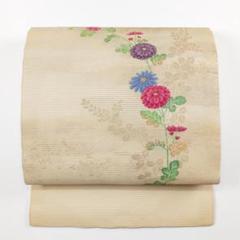 ※R7SK742 名古屋帯 絽 夏帯 ゴールド ベージュ ピンク 花 お太鼓柄