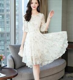 結婚式 半袖 L ドレス 花柄 デート ミニ丈 【数量限定】ワンピース ホワイト