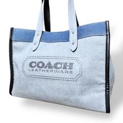 良品　COACH コーチ　フィールドトート　デニム　ポーチ付き　腕掛け　ブルー 良品 COACH コーチ フィールドトート デニム ポーチ付き 腕掛け