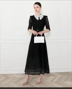 Leja  レースビッグカラー花柄刺繍ロングフレアドレスワンピース　M レジャ Leja レースビッグカラー花柄刺繍ウエストマークロング