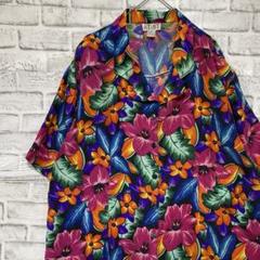 半袖シルクシャツ！アロハ　ブルーパープルレディース3XL18