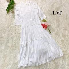 ロル フレアワンピース ロング 7分袖 白【F】コットン 大人 お洒落 k733