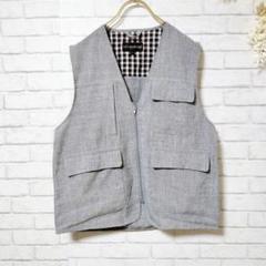 【美品】フルジップ ベスト グレー チェック柄 トップス メンズ Mサイズ