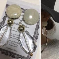 859 2way☺︎マーブルオフホワイトのアンティークピアス×クリアゴールド☺︎