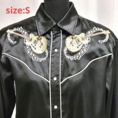 90s USA製 Dragonfly ウエスタンシャツ 黒 ギター 音符 刺繍S