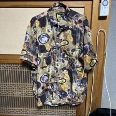 ヴィンテージ シルクシャツ　派手柄　テロテロシャツ　M（大きめ）　黒　アート