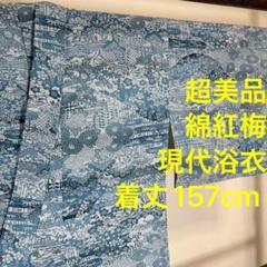 超美品 綿紅梅 綿 浴衣 着物 夏物 157cm 水色 青 本染 型染め