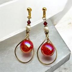 【一点もの】煌めく紅色＊ゴールドの大人イヤリング＊華やかアクセサリー