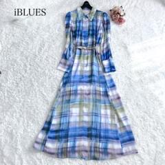 美品✨イブルース シャツワンピース ロング 水彩 とろみ素材 ベルト 青 XL