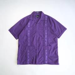 刺繍デザイン　半袖開襟キューバシャツ　紫　L ボックスシルエット　古着