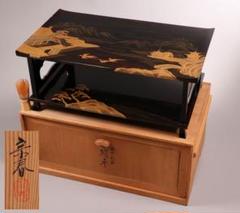 輪島塗 蒔絵師 久世宗春 山水金蒔絵 冠卓 二段卓 花台 黒塗