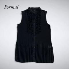 E3-013 Formal 胸フリルプリーツシアーブラウス LL 黒