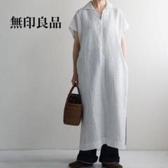 リネン洗いざらしスキッパーカラー半袖ワンピース L リネン100％無印良品