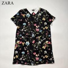 ZARA 花柄 襟付き ワンピース フラワー フレア ゆったり ブラック L