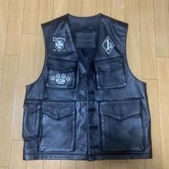 ★【USA製】ライダースレザーベスト/バイカーベスト/ヴィンテージ/バイク/古着 HUDSON LEATHER バイカー レザー ベスト 黒 L-XL程度 カスタム