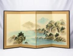 大型屏風　幅約180×高さ約90cm　彩色山水　落成款識入り　落款入り　肉筆画 大型屏風幅約180×高さ約90cm彩色山水落成款識入り落款入り肉筆画