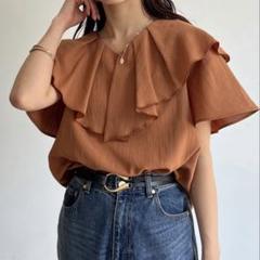 【美品】Chez toi シェトワ ネックフリルブラウス オレンジ