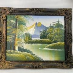 ビンテージ◇ガラス額縁✨油彩画 山と森の風景 ブラウンフレーム