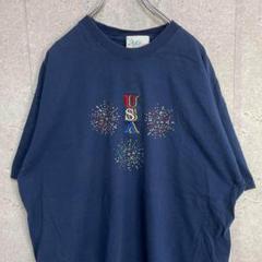 USA 刺繍　スパンコール　ネイビー　ビックサイズTシャツ　XL