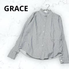 ＊グレイス＊ストライプ フリルネックシャツ ブラウス 長袖 M相当 白 濃紺