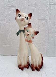 【美品】猫の陶器置物 2体セット 昭和レトロ 招き猫 ペア猫 シャム猫