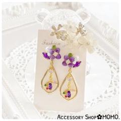 紫陽花♡ビジュー.A級ガラスストーン♡フープ.ハンドメイドピアスorイヤリング♡