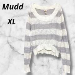 マッド◇Mudd ボーダーニット グレー×ホワイト【XL】ゆったり　大きめ　薄手