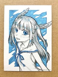 手描きイラスト オリジナル 原画 ATCサイズ 創作 青 天使 女の子