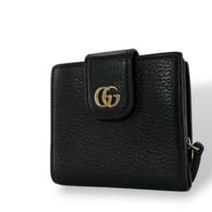 良品 グッチ GGマーモント 二つ折り財布 コンパクト財布 シボ革 ブラック