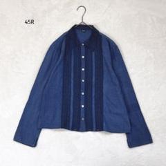 美品 45R 45rpm 藍カディフリルブラウス 長袖 インディゴ コットン 美品】45R 藍インドカディdeステッチ馬ブラウス インディゴ