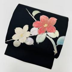 名古屋帯 黒地 花柄 織柄 素敵なデザイン 九寸 着物 正絹 T-8009