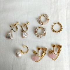 淡水パールやローズクォーツ等のイヤリング　とイヤーカフの5つセット