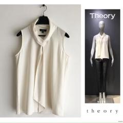 【極美品】theory セオリー ボウタイ とろみ ブラウス  シルク 白 S ○セオリー【洗える】ボウタイ デザイン ノースリーブ とろみ
