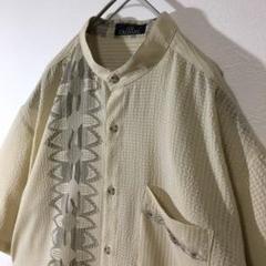 【個性派古着】半袖デザインシャツ　豪華刺繍入り　涼しげ　バンドカラー　メンズＬＬ