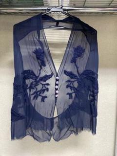 刺繍入りネイビーシースルーカーディガン perre