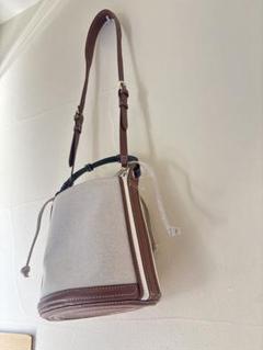 美品 ザラ ZARA キャンバス 巾着型 バッグ 丸 筒型 レザー風